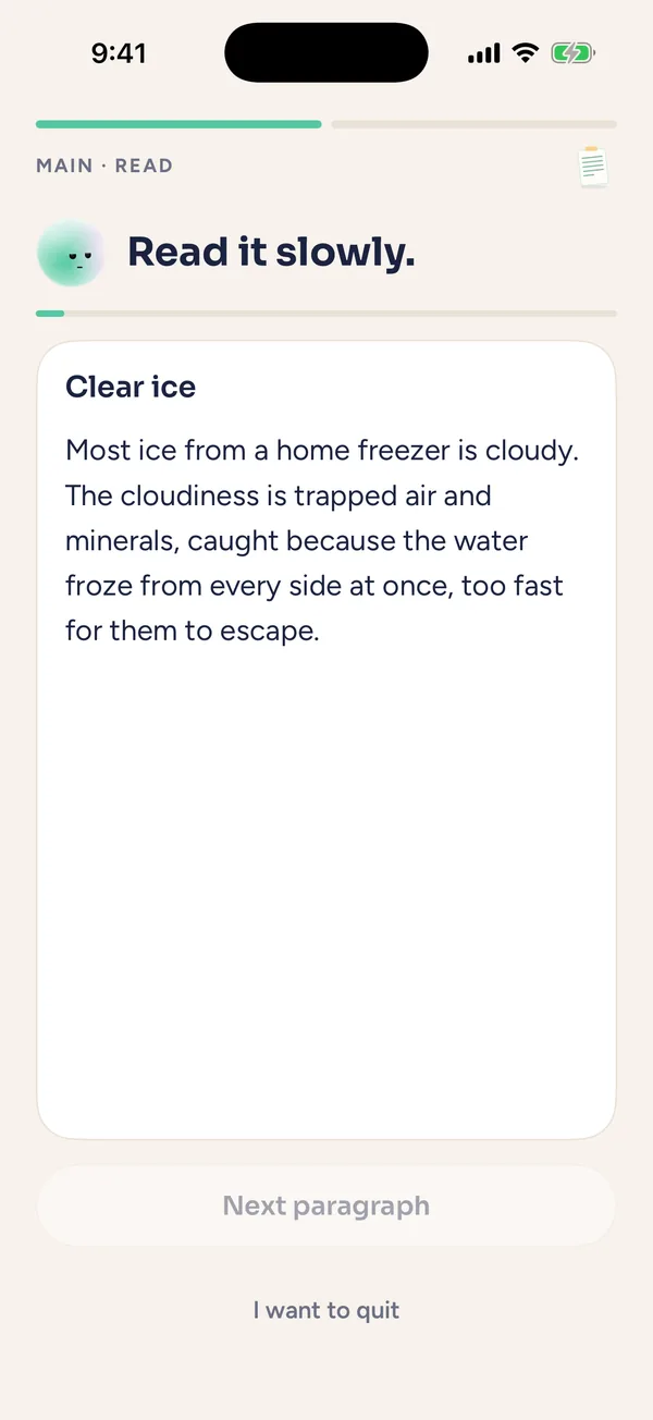 Deep reading screen: Read it slowly, a short passage about clear ice