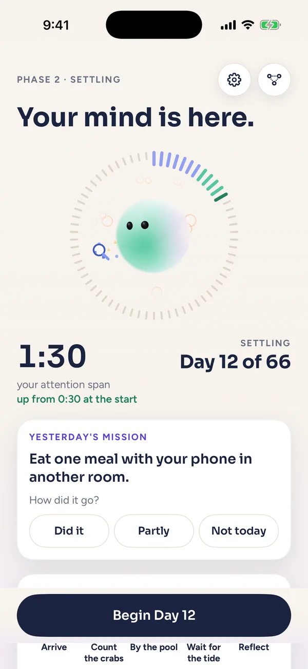 Today screen with the day's training, attention span and journey ring